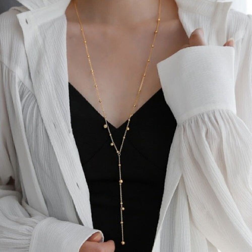 18K Gold Plated Dainty Beaded Y Lariat Necklace - Picture 3 of 11